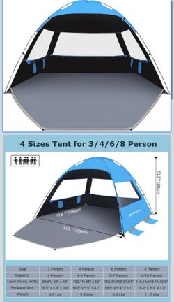 🔥Brand new🔥 Beach Tent Sun Shelter for 3/4-5/6-7/8-10 Person, UPF 50+ UV Protection Beach Canopy, Lightweight and Easy Setup Cabana, Portable Shade 