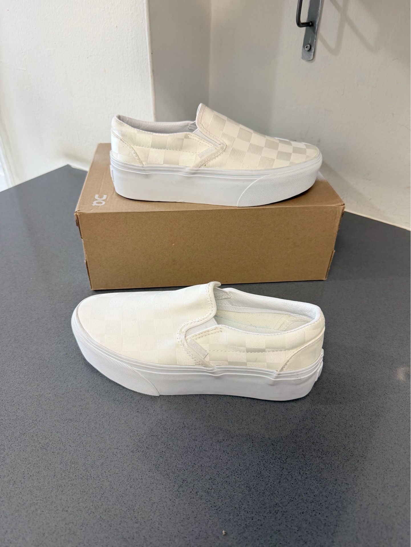Vans Classic Slip-On Stackform sneakers in a checkerboard marshmallow white size 8