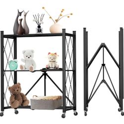 3 Tier Foldable Storage Shelf with Wheels, Heavy Duty Garage Shelving Unit Loads 550 LBS