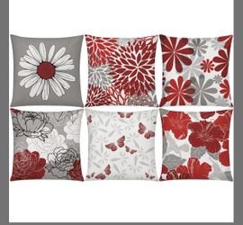 COMMINY Red Grey Pillow Covers 18x18 Set Of 6 Decorative Burgundy Daisy Throw Pillow Cover For Couch Modern Farmhouse Cushion Pillow Case For Living R
