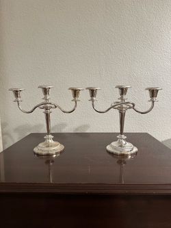 Vintage English Silver Plate 3-Arm Candelabra Pair E.P. Zinc Made in England