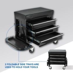 3-Drawer Tool Chest Rolling Mechanic Seat with Tool Trays,350lbs Max Weight Capacity,Black