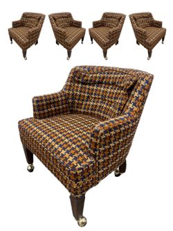 Set of 4 Vintage MCM Club Chairs – Houndstooth Plaid – Rolling Casters