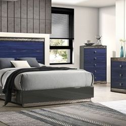Brand New Blue & Grey 4pc Queen Bedroom Set (Available In Eastern King)