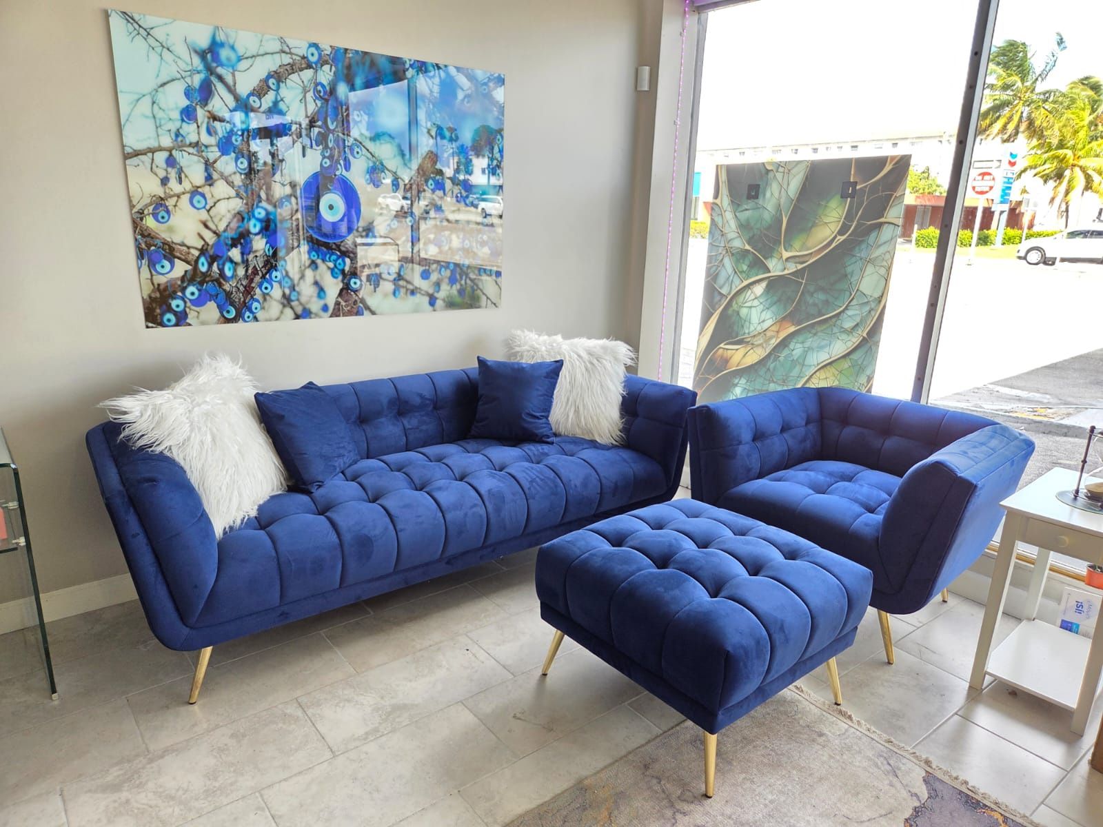3 PIECE SOFA ARMCHAIR OTTOMAN BLUE VELVET