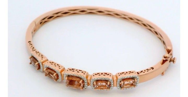 New Sterling Silver Hinged Bangle Bracelet with Morganite Size XL Rose Gold Plate