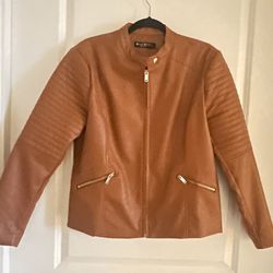 Womens Large Faux Leather Jacket Brown Zip Fit