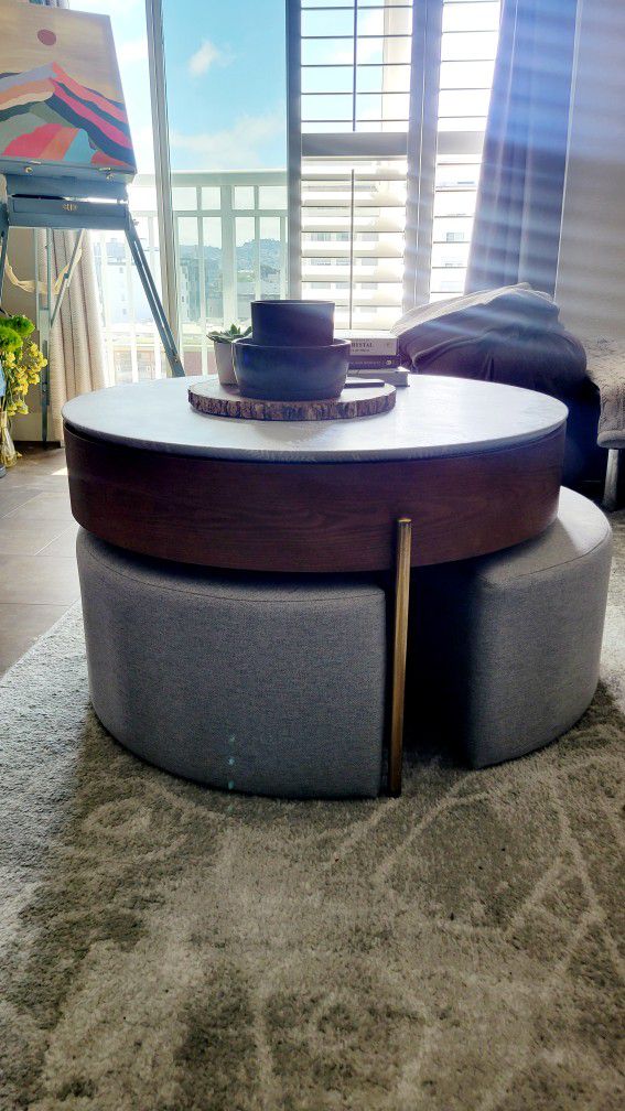 Modern Round Lift-Top Coffee Table Set With Storage & 3 Ottomans White & Walnut