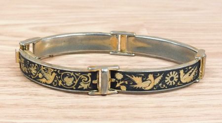 Vintage Damascene Brown & Gold Tone Bird and Floral Design Bracelet - 7”