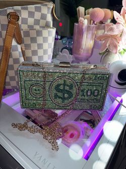 Crystal Rhinestone $100 Bill Clutch Purse