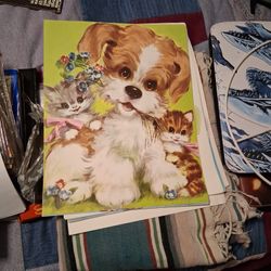 Vintage nineteen sixty poster of a dog in two cats