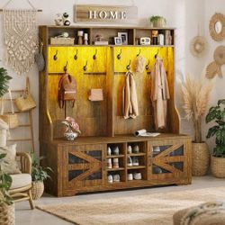 Hall Tree with Bench and Shoe Storage, 5-in-1 Entryway Bench with Coat Rack, D-10