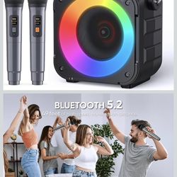 Karaoke Machine, Portable Bluetooth Speaker with 2 Wireless Microphones for Adults & Kids with Lights, Karaoke Microphone with PA System Supports USB/