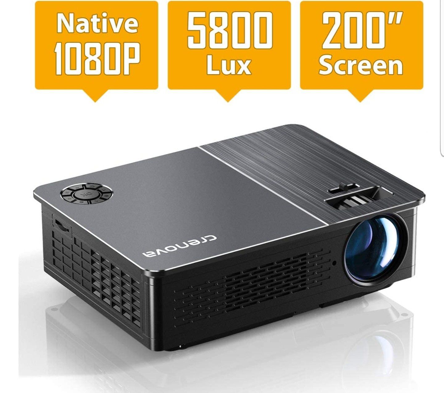 Native 1080P Projector, Crenova HD Video Projector, 5800 Lux LED Movie Projector with 200" Display, Compatible with TV Stick, HDMI, VGA, USB