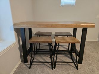 Wood/black metal bar-height table + 4 stools
