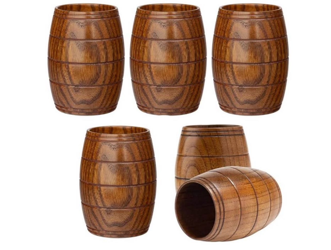 6 Pieces Wooden Barrel Shaped Beer Mug 7.1Oz 210ml Solid Wood Classical Natural. Brand New