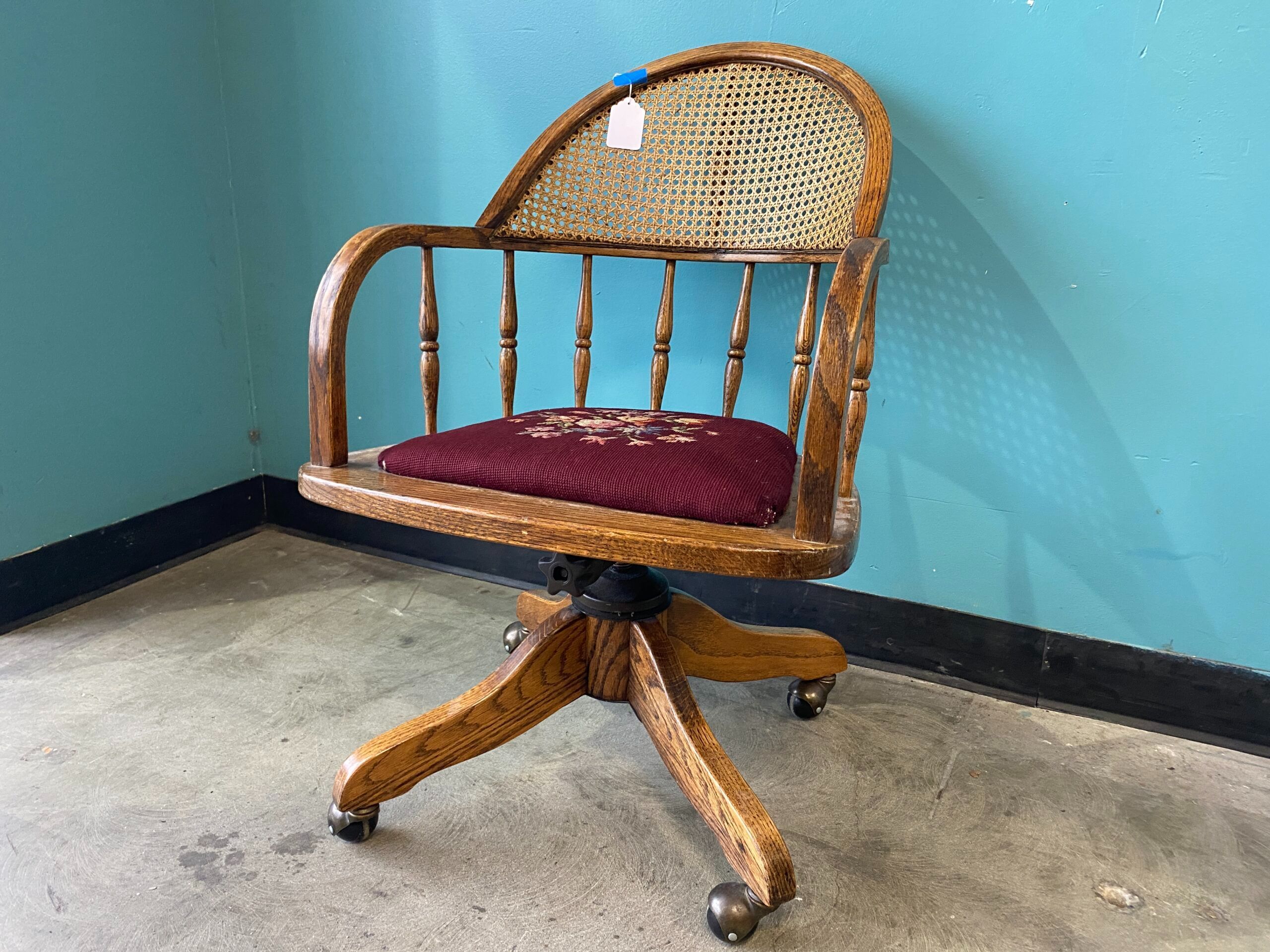 Vintage Cane Back Bankers Chair with Floral Tapestry Cushion