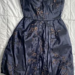 Dark Blue Gold Floral Event Strapless Sweetheart Dress 