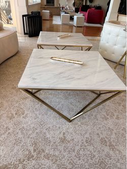 Modern Faux Marble & Gold Coffee Tables – Set of 2 – 36” x 36”