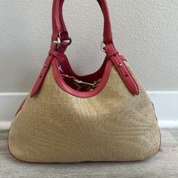Cole Haan Large Pink Leather & Woven Straw Hobo Shoulder Bag Purse