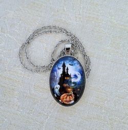Haunted house, ghosts, pumpkin large oval cabochon silver tone necklace w/BONUS