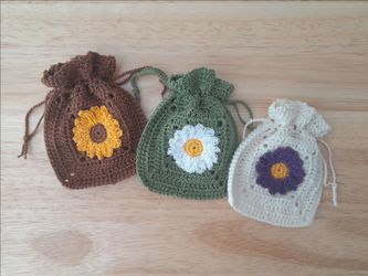 Handmade Crochet Floral Drawstring Trinket Pouches (Sunflower, Daisy, and Aster)