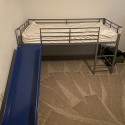 Twin Size Junior Loft Bed with Slide 🛝 Mattress and Tent Curtain Set Included