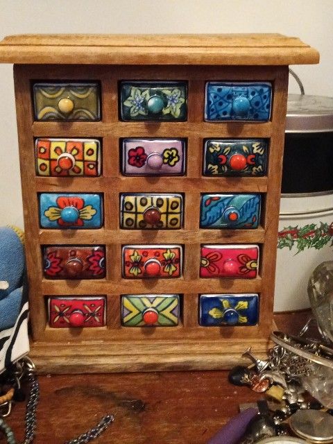 Vintage 15 Drawer Wood And Ceramic Trinket Box