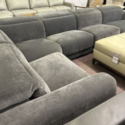 Furniture- 5 Pc Fabric Modular Sectional With 3 Power Recliners- Brownel