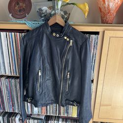 NWT RALPH LAUREN lined DK NAVY LAMBSKIN LEATHERAsymmetrical Zip Moto JKT, 12