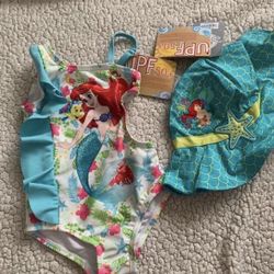 Girls 2T Ariel Little Mermaid Bathing Suit And Hat Set 