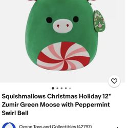 Squishmallows Christmas Holiday 12" Zumir Green Moose with Peppermint Swirl Bell