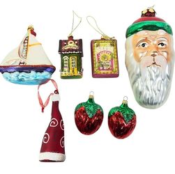 Blown Glass Christmas Ornament Lot 7 Santa Sailboat Strawberry Seed Packet Red