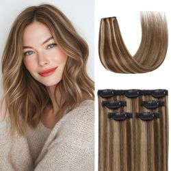 Brand New 14 inch REMY Clip-in HUMAN HAIR EXTENSIONS Brown with Blonde highlights