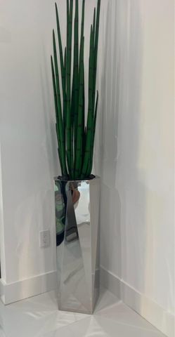 Tall Polished Chrome Floor Vase with Plant