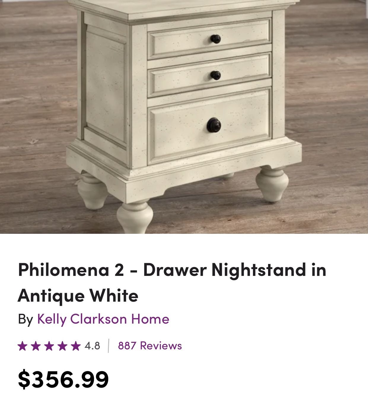 {ONE} Philomena 2 - Drawer Nightstand in Antique White. Minor wear. 29” x 28” x 17”. Solid + manufactured wood. MSRP $357. our price $195 + sales tax