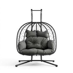 Double Wicker Swing Egg Chair Hammock Foldable Hanging Loveseat with Stand,