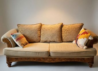 Matching Ornate Carved Wood Sofa Set - 2 Couches + Armchair - Traditional Beige