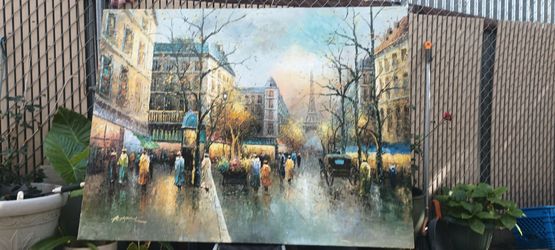 A painting of the streets of Paris colorful and large