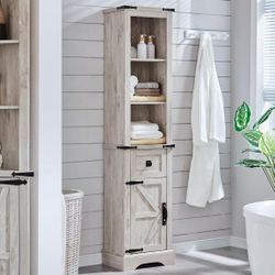 RedLemon Farmhouse Slim Bathroom Storage Cabinet, 68" Tall, 16"W x 12"D x 68"H, White, 4 Doors, 1 Drawer, 4 Shelves, Rustic Narrow Cabinet for Bathroo