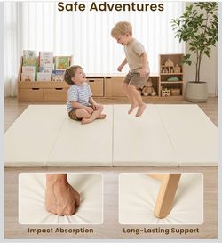SEPARO Foldable Baby Play Mat,Vegan Leather 47” 47”Baby Mat for Floor,Beige Trifold Waterproof Playmat for Babies,Soft Foam Tumbling Mat,Wipe-Clean&No