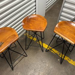 Three Teak Wood Bar Stools 