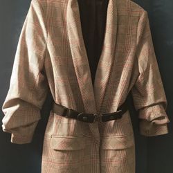 Gray Plaid Rouched-Sleeved Blazer with Belt