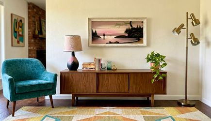 Vintage Mid Century Modern Asian Sunset Painting - Cerused Oak Frame  30"