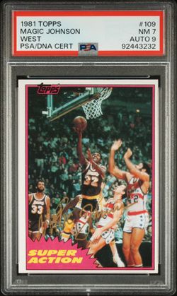 🐐🔥 PSA 7,9 Gold Full Signature! Magic Johnson 1981 Topps Super Action solo Rc!