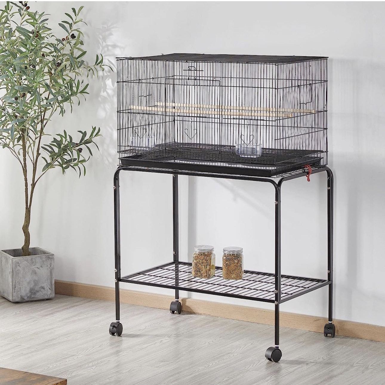 47-inch Rolling Breeding Flight Bird Cages for Parakeets Budgies Finches Cockatiels Conures Lovebirds Canaries Parrots w/Detachable Stand, Black 59203