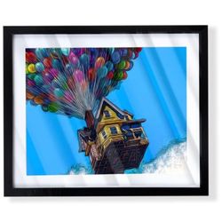 Custom art piece of Pixar’s up house with ballon’s with black frame