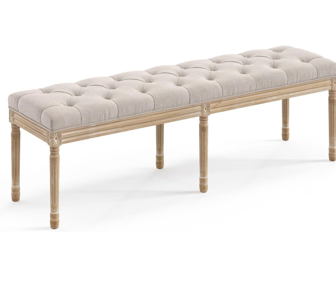 Vintage Linen Color Upholstered 60 inch Bench with Natural Wooden Legs