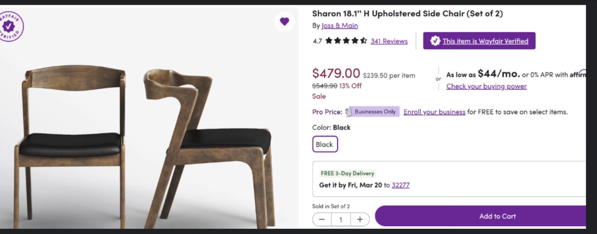 Set of 4 upholstered chairs. 16.1 in