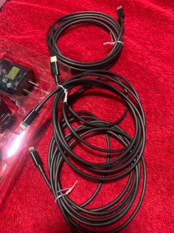 iPhone chargers 3 wires 5feet long. And 3 fast chargers on a new box. Only 18. Per box